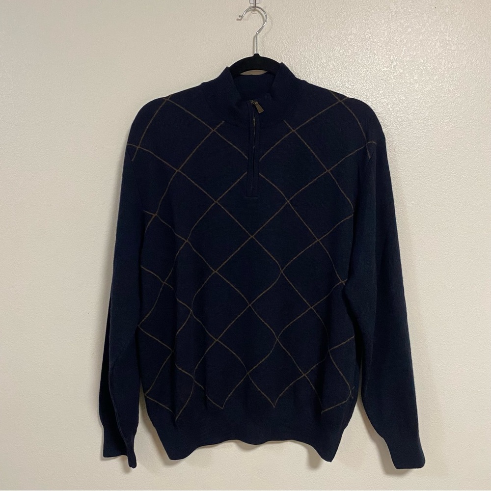Scott Barber Sweater Men's Size Large Navy Argyle Merino Wool Sweater